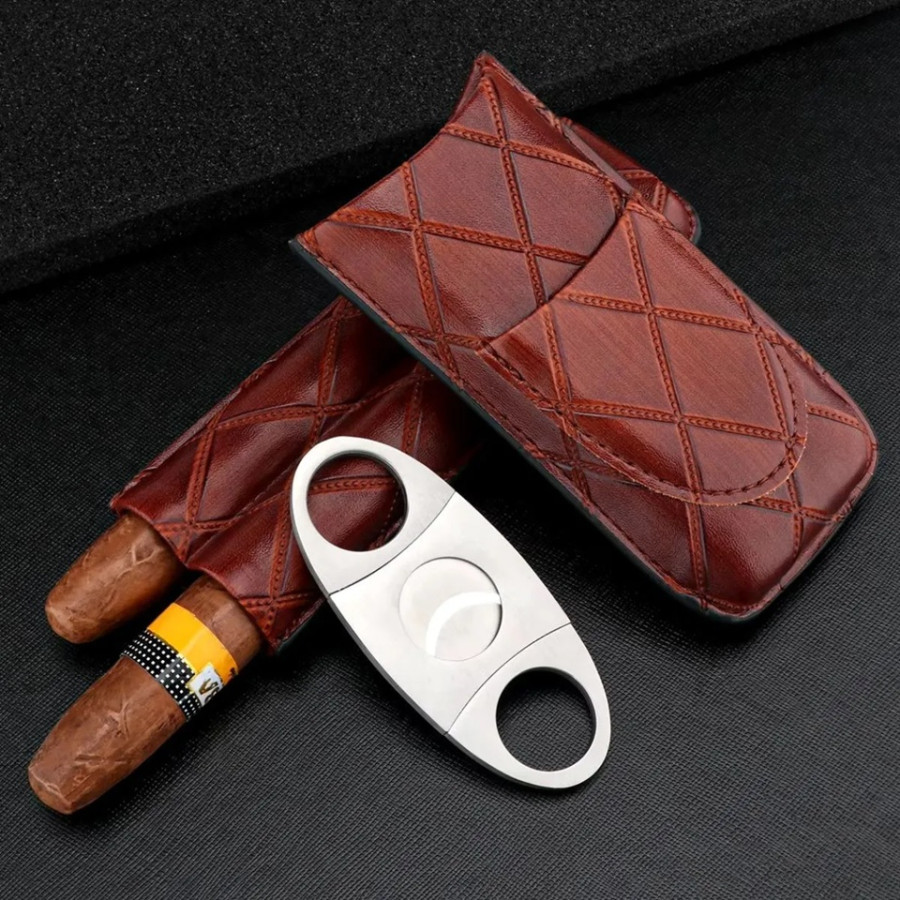 Case Bolsa Porta 2 Charutos P/ Viagem Couro E Cortador Inox